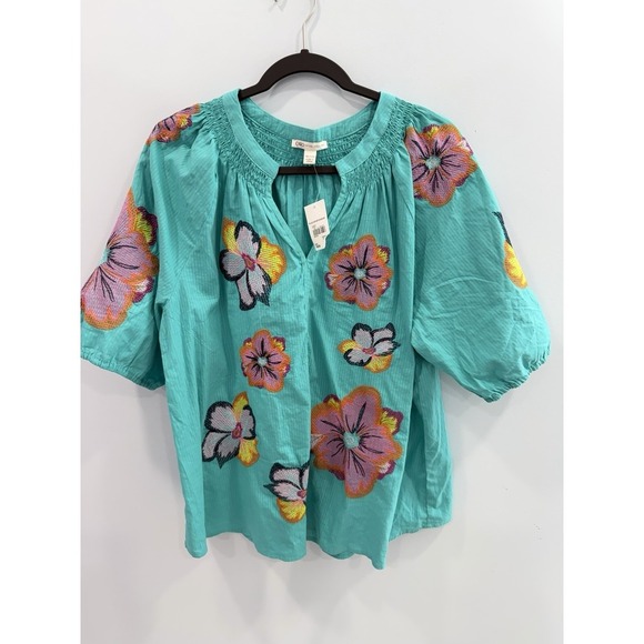Cato Tops - Cato Floral Embroidered Blouse 18/20W Aqua Cotton Split Neck Boho NWT Plus